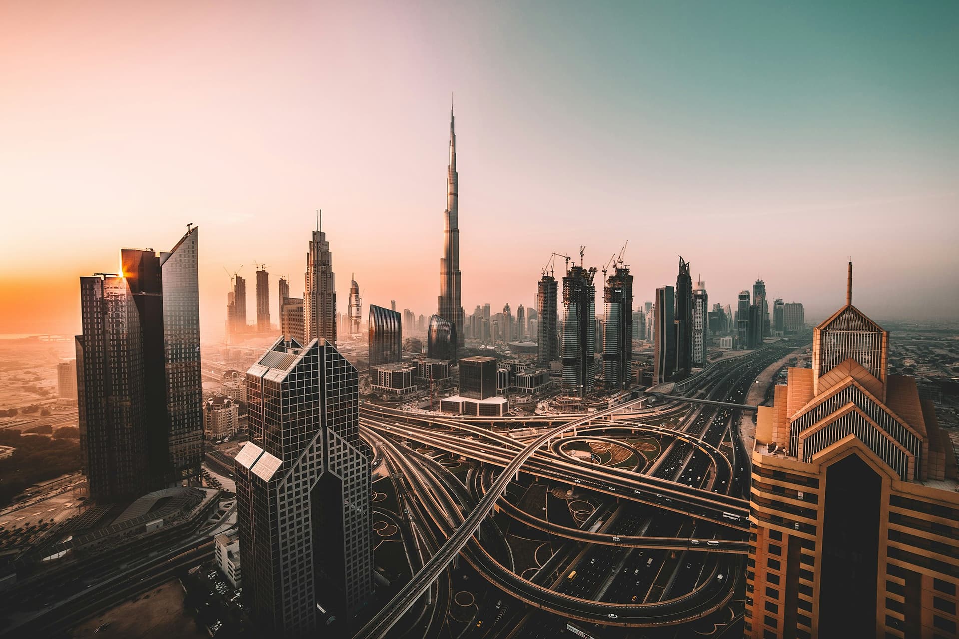 Downtown Dubai at sunset, the Burj Khalifa above Sheikh Zayed Road